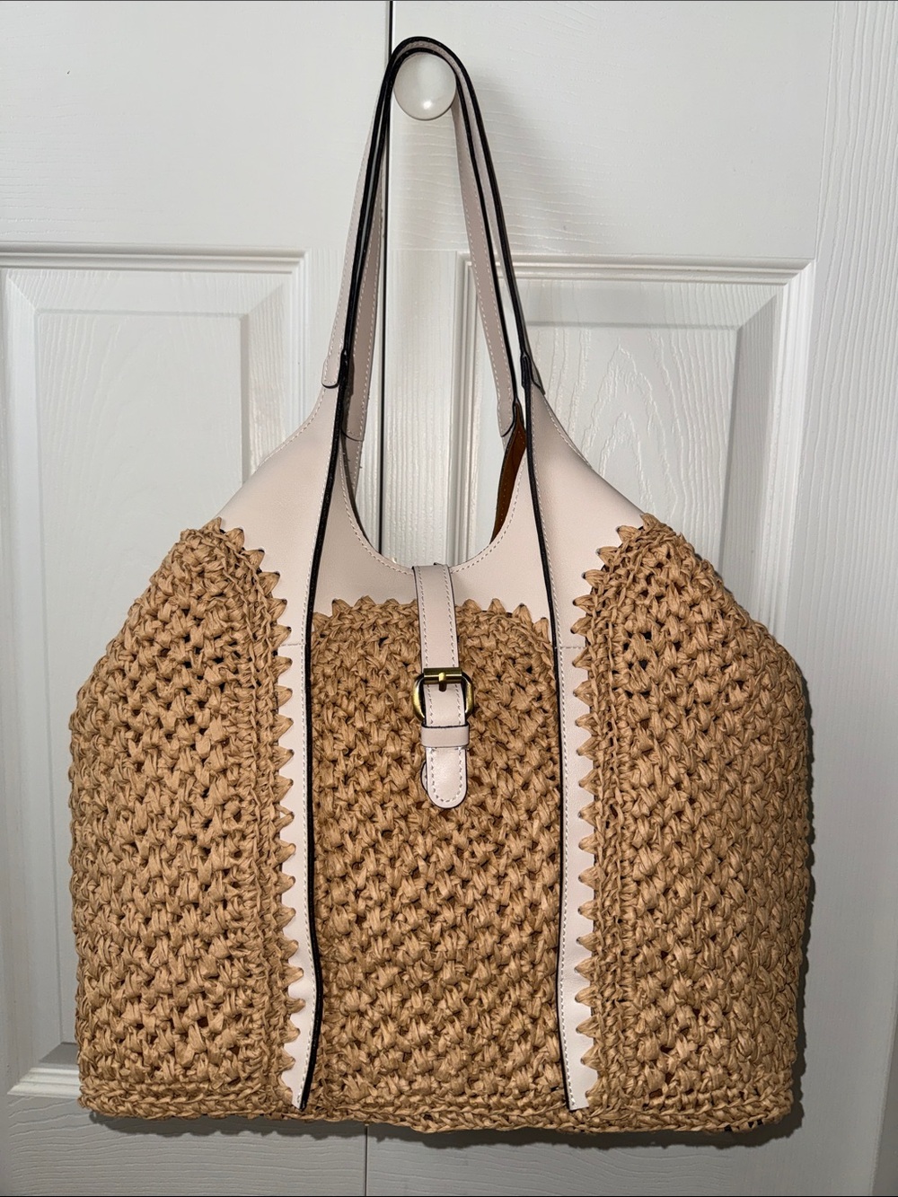 Woven Raffia Tote with Pale Cream Leather Trim - Picture 4 of 9